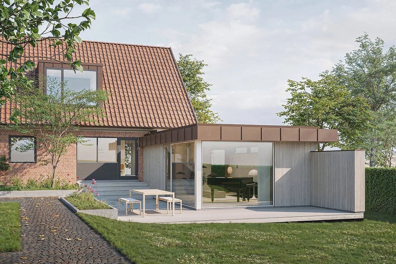 Tilbygning i træ til murermestervilla fra 50'erne