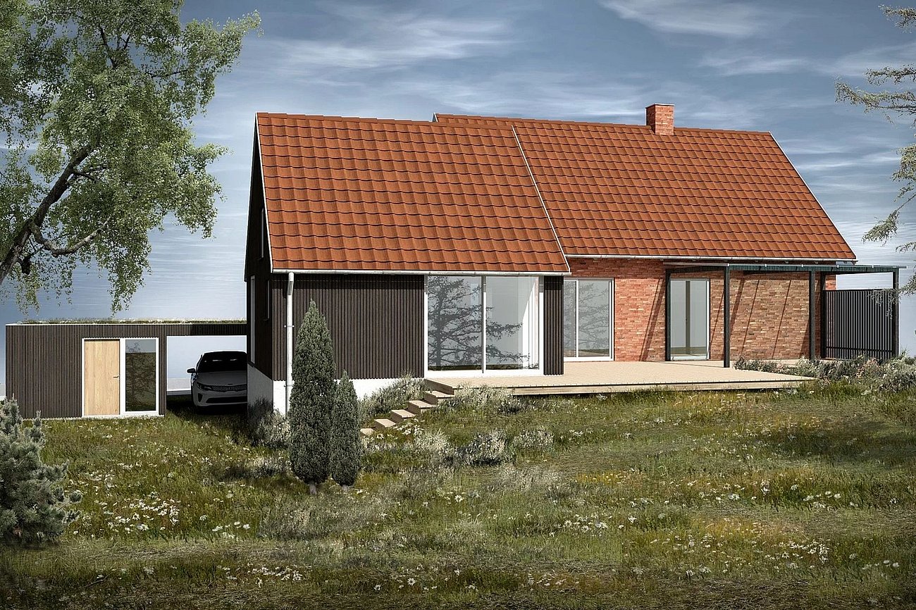 Forskudt trætilbygning i mørkt træ til murermestervilla fra 50'erne
