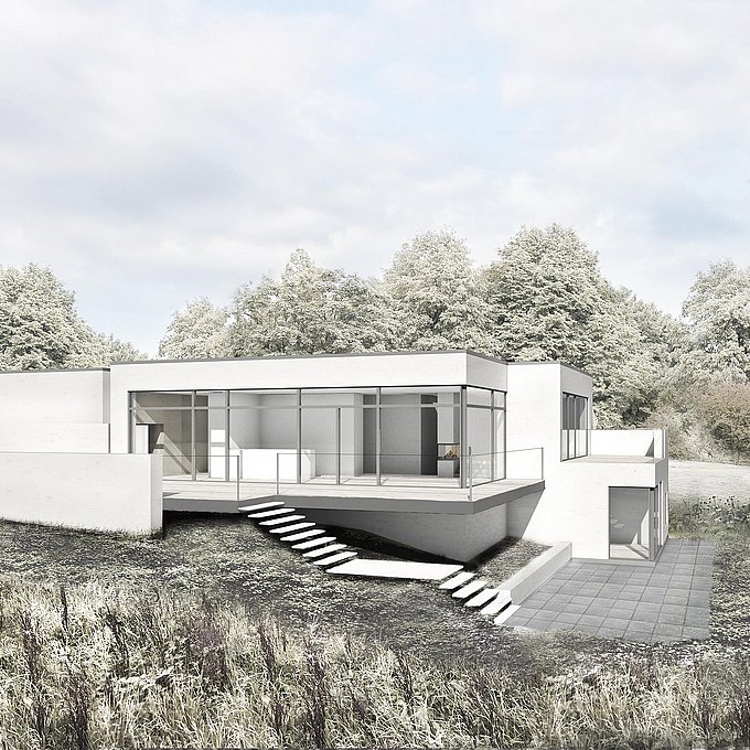 Hvid villa i skrående terræn