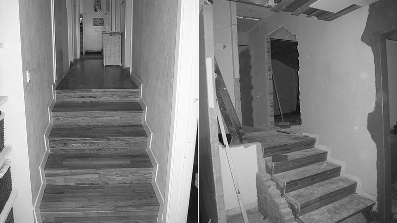 Trappe FØR og UNDER renovering. m4 Arkitekter