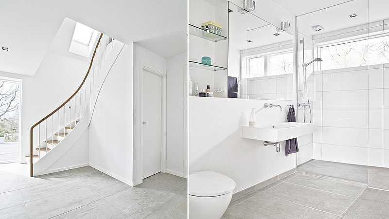 Gulvet i entreen går igen i husets badeværelse. Det nye badeværelse er placeret ud mod vejen. m4 Arkitekter