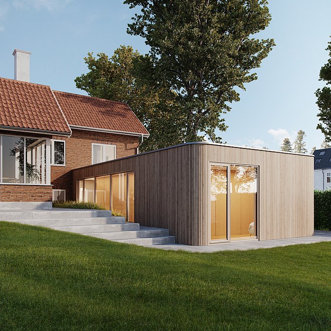 Trætilbygning med teenageafdeling til rødstensvilla fra 1950