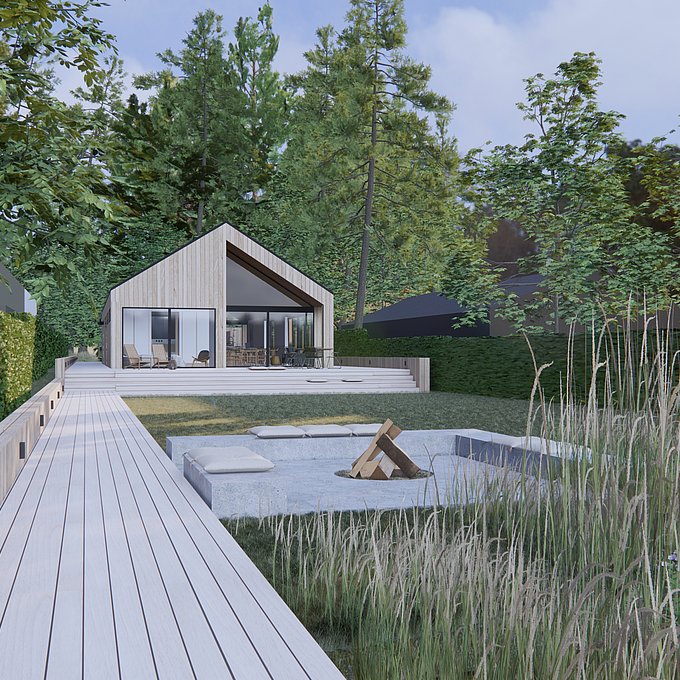 Parcelhus i ceddertræ på smal grund med direkte adgang til sø