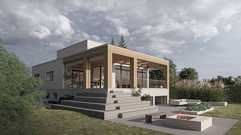 Den nye overdækkede terrasse er en let trækonstruktion, der bygger videre på villaens arkitektur, hvor både terrassen, den store skulpturelle trappe ned til haven, og de udendørs lofter er beklædt med træ. 