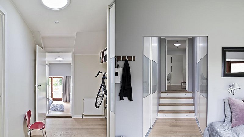 Efter en ombygning af børneværelserne er gangen blevet kortere. For at få mere lys ind i gangen er der etableret ovenlystunneler. Det nye skabs- og gennemgangsrum giver ekstra opbevaringsplads. m4 Arkitekter